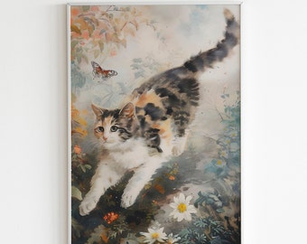 Cat Chasing A Butterfly Painting, Vintage Cat Nursery Print