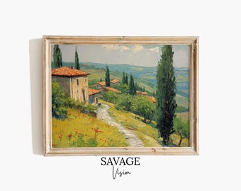 Vintage Italian Village Impasto Painting, Rustic Countryside Art (Digital Download)