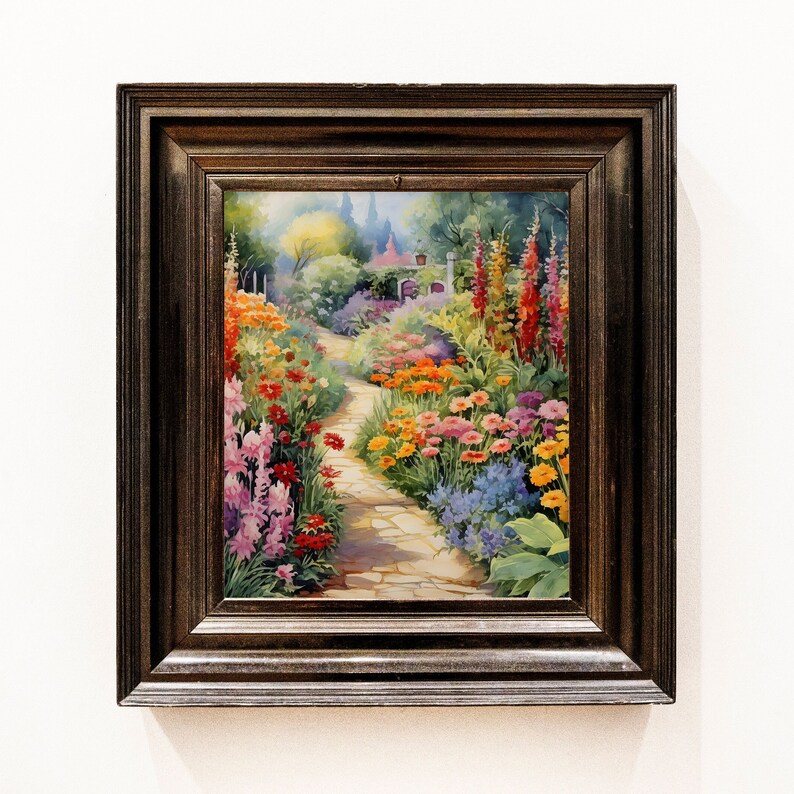May include: A framed painting of a garden path lined with colorful flowers. The path leads to a small cottage in the distance. The painting is in a dark brown frame.