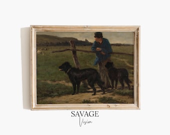 Antique Shepherd Painting, Farmer With Dogs Print, Countryside Painting (Digital Download)