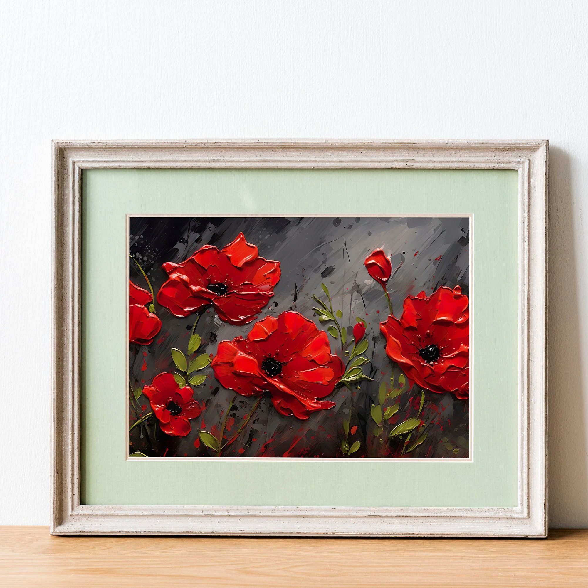 赤いポピーの油絵、花が咲く草原の風景画（デジタルダウンロード