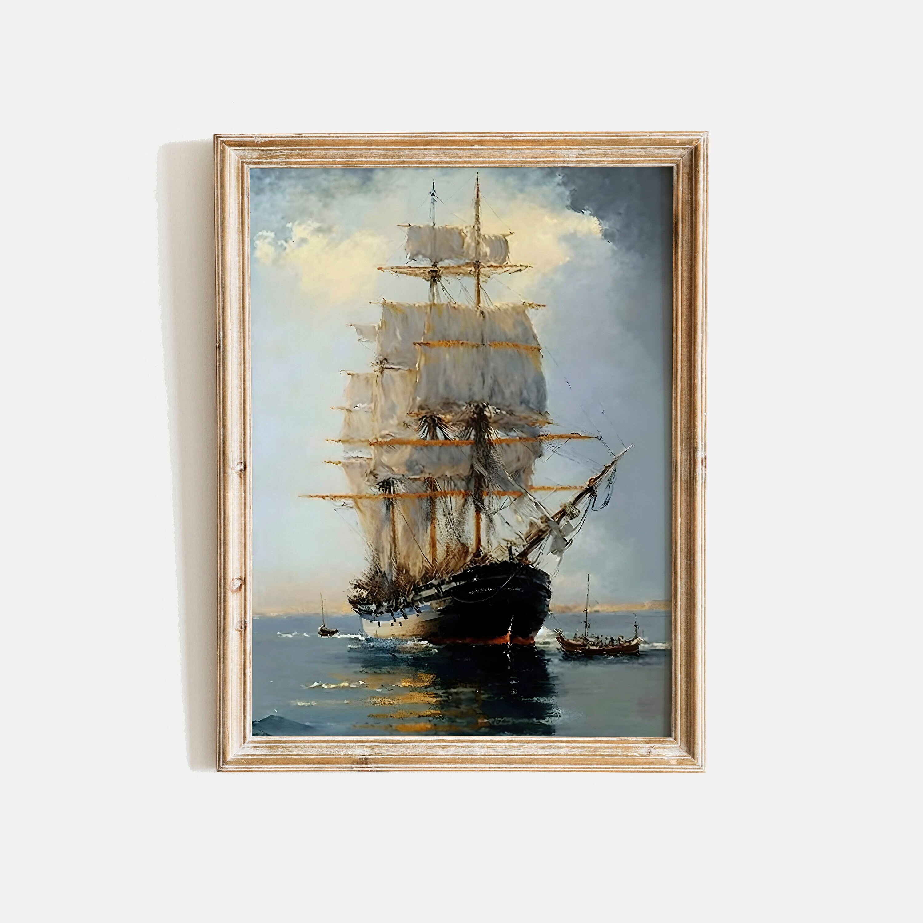 Vintage Ship Ocean Painting Coastal Watercolor Nautical Seascape Wall ...