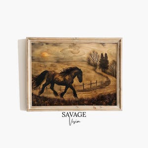Impresión pirograbada de caballo frisón, arte mural rústico para casa de campo (descarga digital)