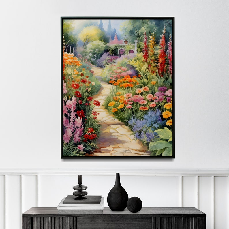 May include: A watercolor painting of a garden path lined with colorful flowers. The path is made of stone and leads to a small house in the distance. The flowers are in bloom and are a variety of colors, including red, orange, yellow, pink, and purple.