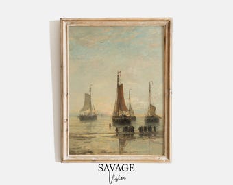 Vintage Fishing Boats Painting: Neutral Nautical Art Print (Digital Print)