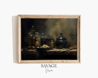 Vintage Kitchen Still Life Painting, Rustic Farmhouse Decor (Digital Printable Art)