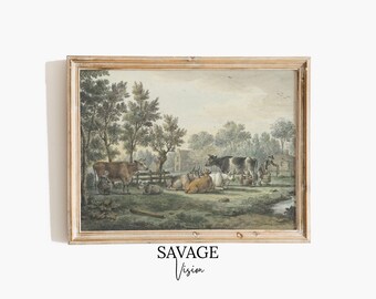 Vintage Farm Painting: Antique Cows Milked in Meadow Landscape (Digital Download)
