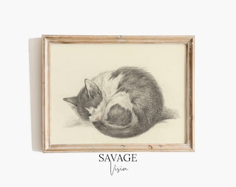 Vintage Sleeping Cat Drawing, Antique Feline Wall Art (Digital Download)