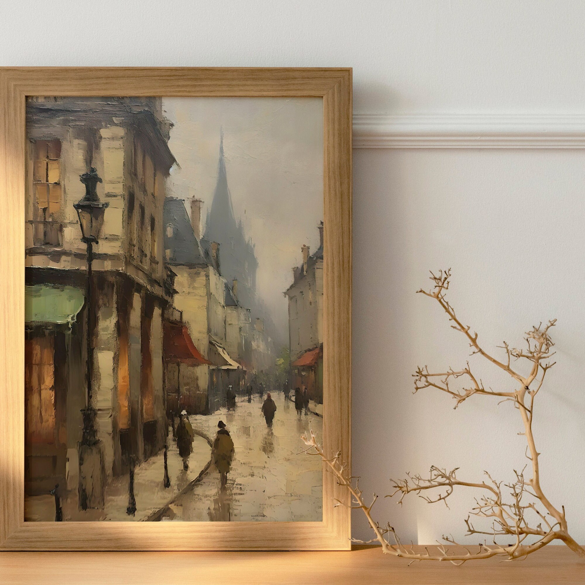 ヴィンテージフランスの街並みの絵画、アンティークな街並みの印刷可能