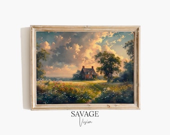 Vintage English Cottage Landscape Print, Cottagecore Decor (Digital Download)