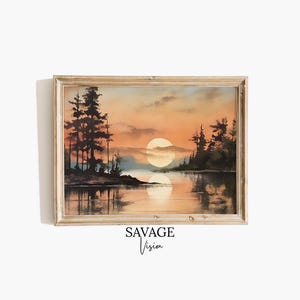 Sunset Lake Landscape Art Print, Antique Lake Landscape Painting, Abstract Landscape Painting, Forest Lake Watercolor Painting