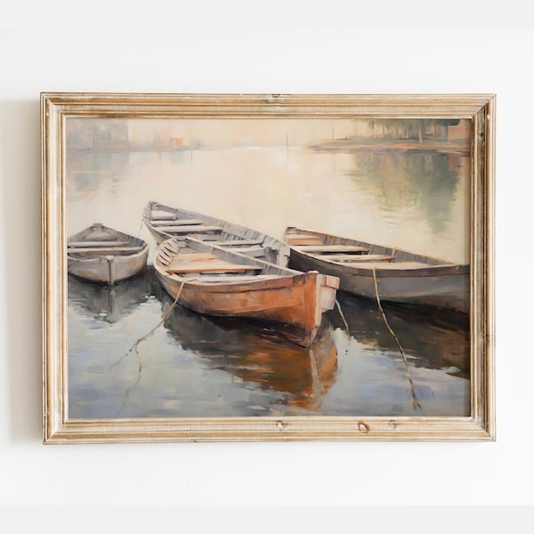 Vintage Boats Painting, Fishing Boats Wall Art, Wooden Rowboats Painting, Vintage Nautical Painting, Antique Lake House Print, Digital Decor