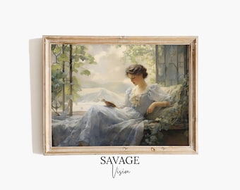 Antique Lady Reading Painting, Woman Reading Print, Woman In A Blue Dress, Antique Woman Portrait, Victorian Woman Wall Art, Women Decor