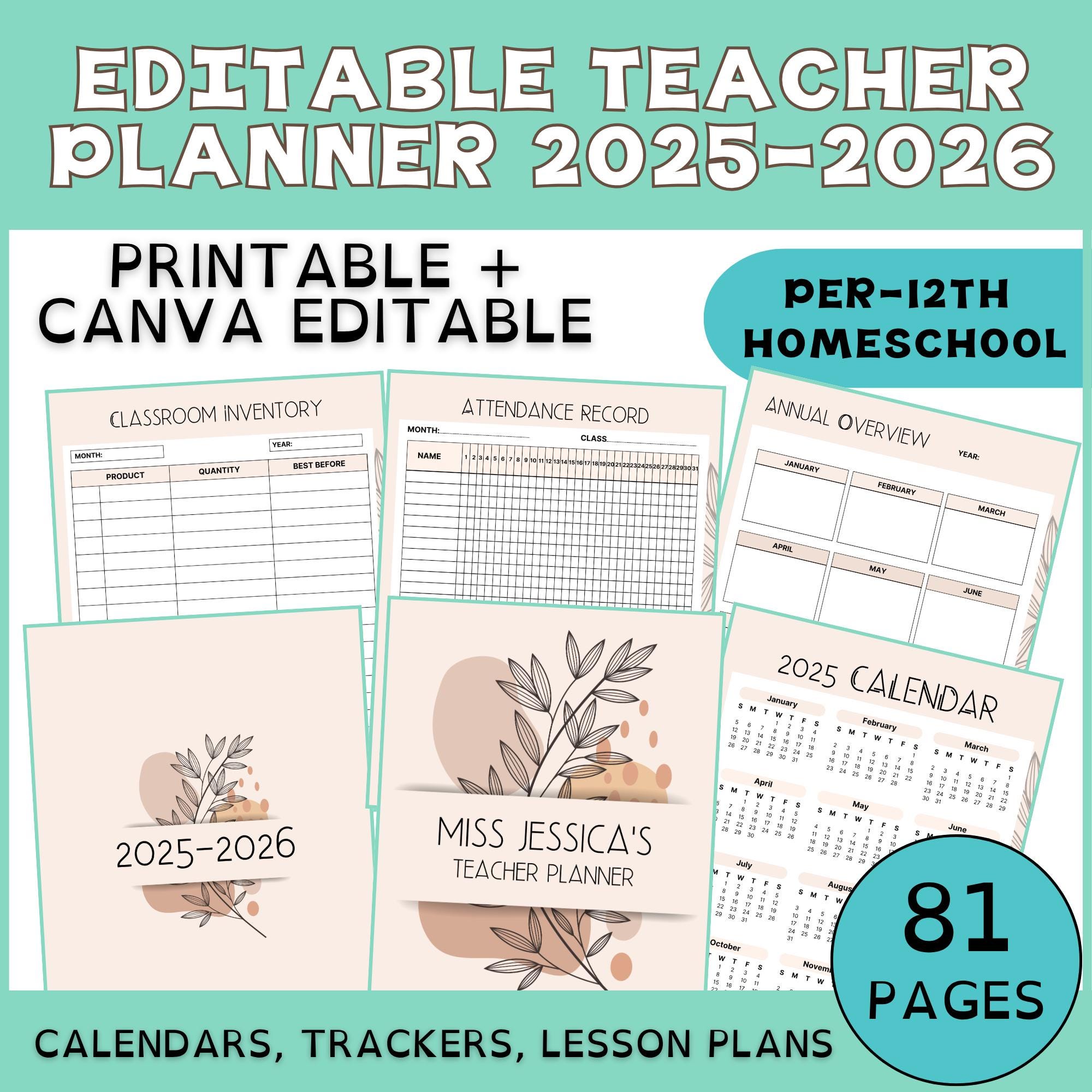 Editable Teacher Planner 2025-2026 | 81 Page Canva Binder | Printable & Digital Teacher Organizer PDF