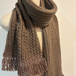 Long scarf, chunky scarf, accessory scarf, decorated scarf, scarf with tassels, scarf with beads, warm and cozy, navy blue cable scarf.