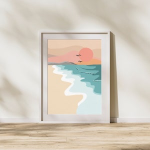 Kunstdruck am Strand Sonnenuntergang | Exotisches digitales Gemälde, illustrierte Kunst, Wanddekor | A2, A3, A4, A5 | Digitaler Download Kunst