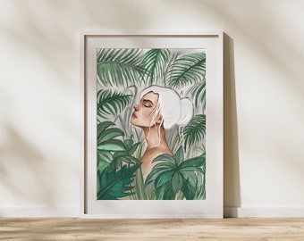 Jungle Palm Tree Girl Summer / Esotico Gouache Painting, Illustrated Art, Wall Decor / A2, A3, A4, A5 / Digital Download Art