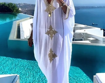 Elegant Embroidery Detail V Neck Loose Fit Boho Beach Kaftan, with Ever Purchase You Get a Free  Earring