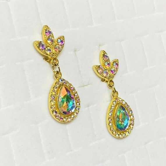 Vintage Clip On Dangle Earrings Aurora Borealis T… - image 3