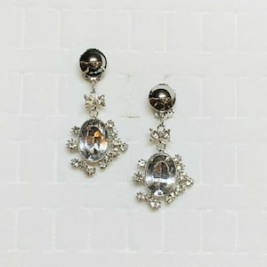 Vintage Rhinestone Clip On Earrings Large Statement Dangle Clear Gems Silver Tone Flashy Formal Glamorous Costume Jewelry