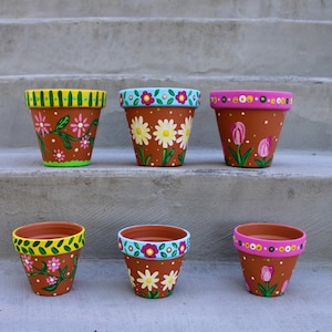 Boho Hand Painted Flower Pots, Colorful Daisy & Tulip Terracotta Planters, Whimsical Garden Decor