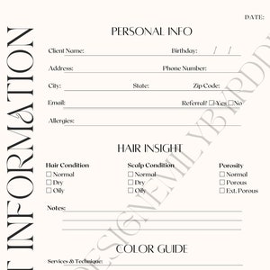 Hairstylist Client Intake Form-- Client Record Keeper/ Digital File/ Color Key