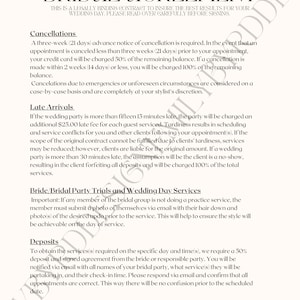 May include: A black and white document with the title "Bridal Agreement". The document outlines policies for cancellations, late arrivals, bridal party trials, and wedding day services. It also includes information about deposits.
