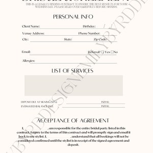 May include: A black and white bridal agreement contract with the title "Bridal Agreement". The contract includes sections for personal information, a list of services, and an acceptance of agreement. The contract is for a wedding day and includes a deposit due at signing and an estimated balance due.