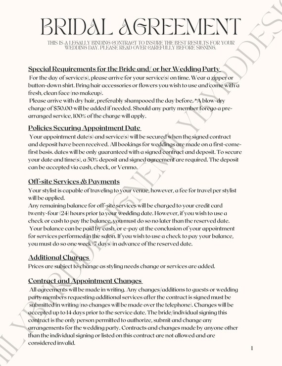 Hairstylist Contract for Bridal Styling/ Bridal Contract/ Hairstylist Client Information