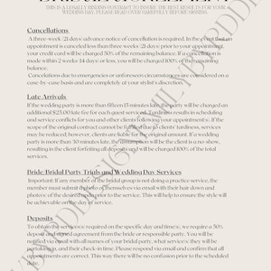 May include: A black and white document with the title "Bridal Agreement". The document outlines the terms and conditions for a wedding day, including cancellation policies, late arrival fees, and deposit requirements.