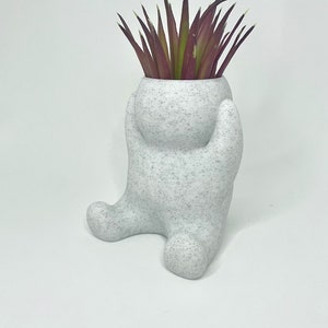 May include: A speckled white ceramic planter in the shape of a person holding a plant. The plant has long, pointed leaves in shades of burgundy and green. The planter has a whimsical, modern design.