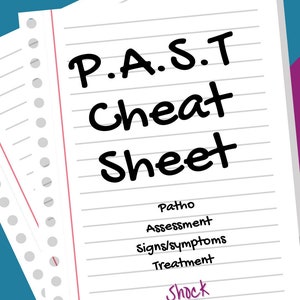 May include: A stack of lined paper with the words "P.A.S.T Cheat Sheet" in large black letters. Below, the paper lists "Patho, Assessment, Signs/symptoms, Treatment, Shock." The author's name and credentials are at the bottom.