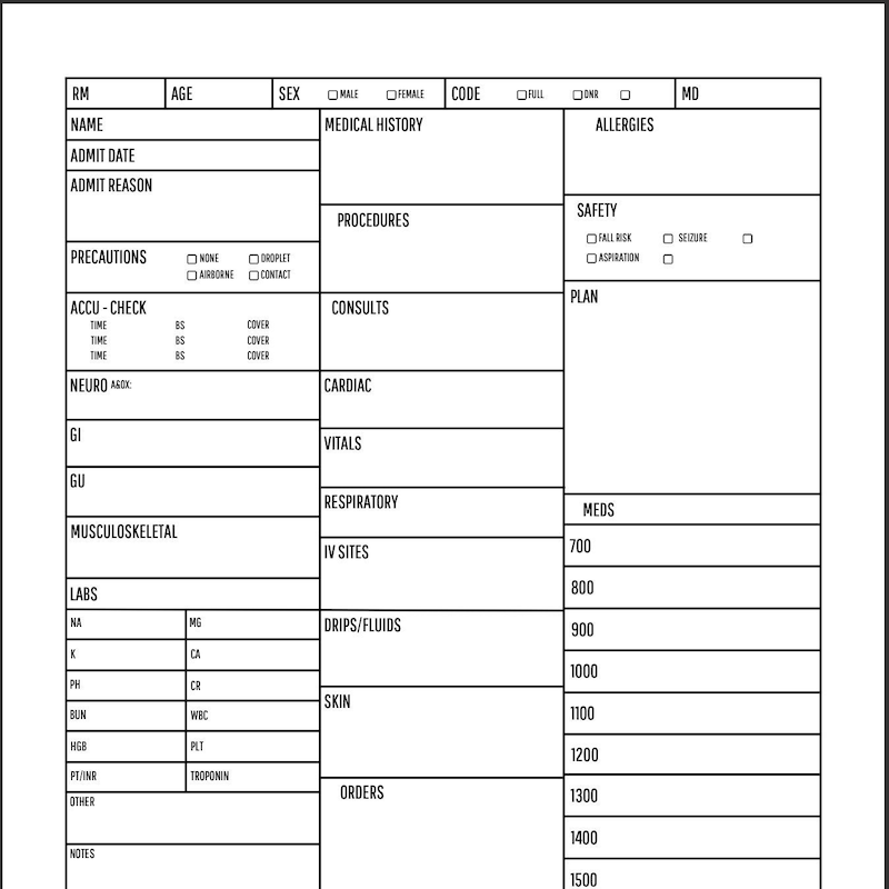 Med Surg Report Sheet template