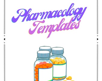 Puede incluir: Ilustración de tres frascos de pastillas transparentes llenos de comprimidos naranjas y amarillos. Los frascos tienen tapas blancas y etiquetas en blanco. El texto "Pharmacology Templates" está escrito en morado y rosa.