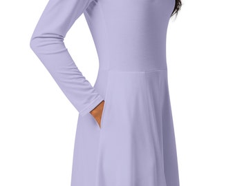 Langarm-Midi-Kleid mit Taschen Frühling Lavendel Midi-Kleid mit Taschen Langarm-Midi Pull-On-Fit und Flare Floral Midi