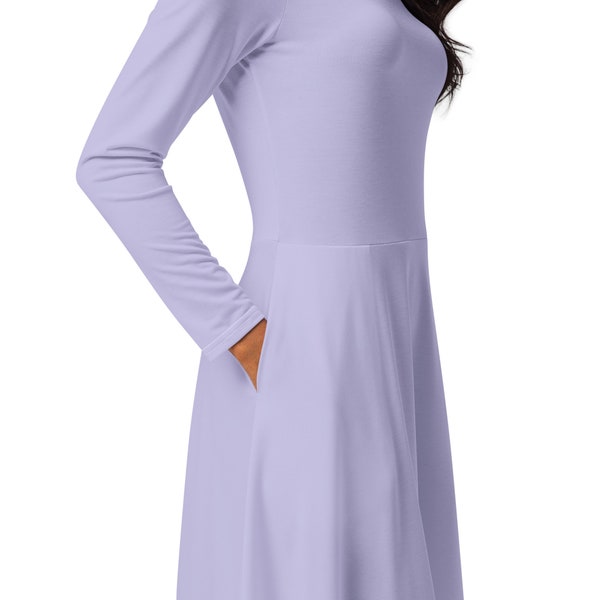 Long Sleeve Midi Dress With Pockets Spring Lavender Midi Dress With Pockets Long Sleeve Midi Pull On Fit and Flare Floral Midi