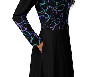 Long Sleeve Midi Dress With Pockets Colorful Abstract Dress With Pockets Long Sleeve Midi Pull On Fit and Flare Floral Midi Black