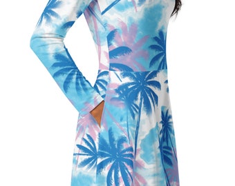 Long Sleeve Midi Dress With Pockets Tropical Hawaiian Floral Midi Dress With Pockets Long Sleeve Midi Pull On Fit and Flare Floral Midi