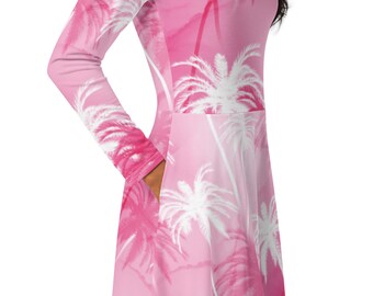 Long Sleeve Midi Dress With Pockets Tropical Hawaiian Palm Trees Midi Dress With Pockets Long Sleeve Midi Fit and Flare Tropical Midi