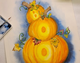 Halloween pompoen aquarel kunstafdruk, herfstdecor