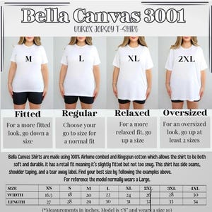 K&ouml;nnte beinhalten: Bild von Bella Canvas 3001 Unisex-T-Shirts in den Gr&ouml;&szlig;en M, L, XL und 2XL. Enth&auml;lt Gr&ouml;&szlig;entabellen mit Ma&szlig;en in Zoll und Passformbeschreibungen: Fitted, Regular, Relaxed und Oversized. Die Shirts sind aus weicher, strapazierf&auml;higer Baumwolle.