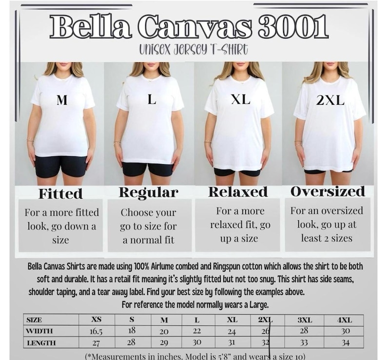 K&ouml;nnte beinhalten: Bild von Bella Canvas 3001 Unisex-T-Shirts in den Gr&ouml;&szlig;en M, L, XL und 2XL. Enth&auml;lt Gr&ouml;&szlig;entabellen mit Ma&szlig;en in Zoll und Passformbeschreibungen: Fitted, Regular, Relaxed und Oversized. Die Shirts sind aus weicher, strapazierf&auml;higer Baumwolle.