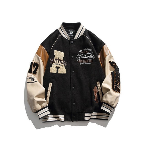 multi patches mixed leather varsity blouson