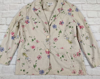 Vintage Alfred Dunner womens floral power blazer pockets cream made USA sz 12