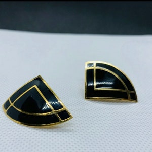 Vintage Avon black gold clip on statement earrings 1980s 80s retro jewelry