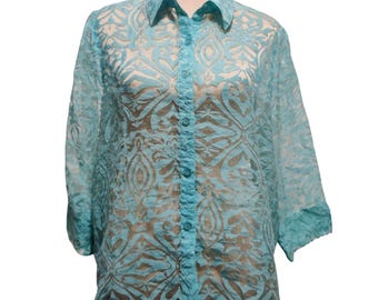 Womenx XL blouse turkooisblauw doorschijnend burnout vintage bloemendamast met knopen aan de voorkant