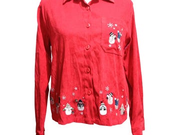 Vintage Christopher & Banks Shirt Size M Red Snowman Embroidered Holiday Festive