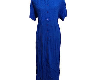 Vintage 220 Hickory Damen Kleid Maxi Blumen Stickerei Kurze Ärmel Blau Gr. XL