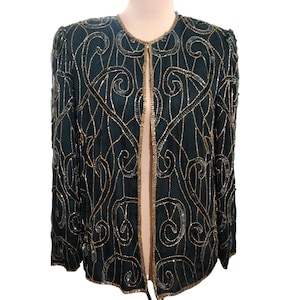 Vintage JMC Womens Petite Evening Jacket Beaded Cocktail Silk Black Gold Sz PL L