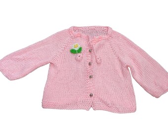 Hand Knit Girls XS 4–5 Pink Cardigan Sweater Button Front Floral Cottagecore